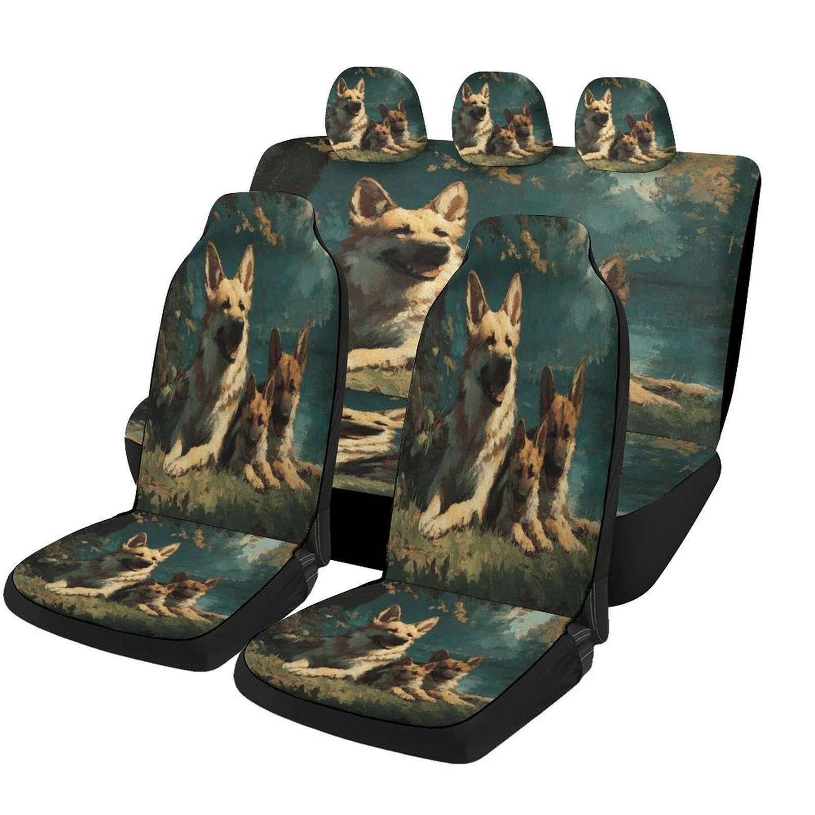 Dog In Forest Car Seat Cover Set - Trendy Novelty High-Quality Full Set For 2 Front & Rear Seats, Machine Washable, All-Season P