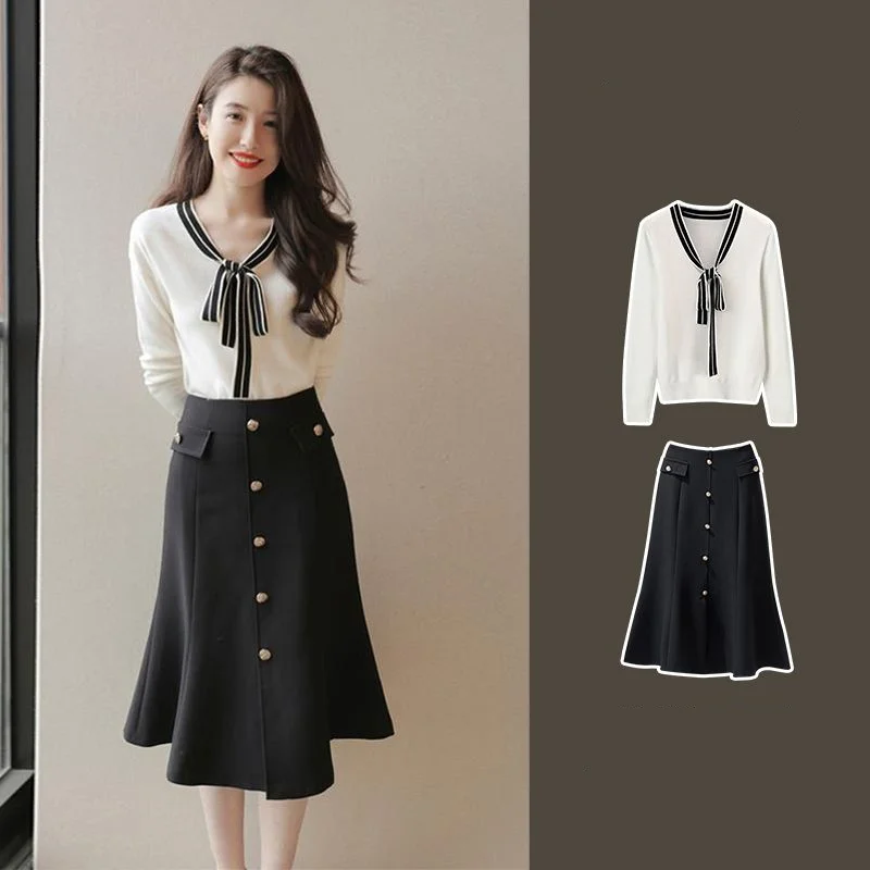 

Women's New Professional Suit 2023 Spring Autumn Long Sleeve Spliced T-shirt Slim High Waist Skirt Fashion Wear Two Piece Set