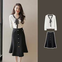 Women's New Professional Suit 2023 Spring Autumn Long Sleeve Spliced T-shirt Slim High Waist Skirt Fashion Wear Two Piece Set