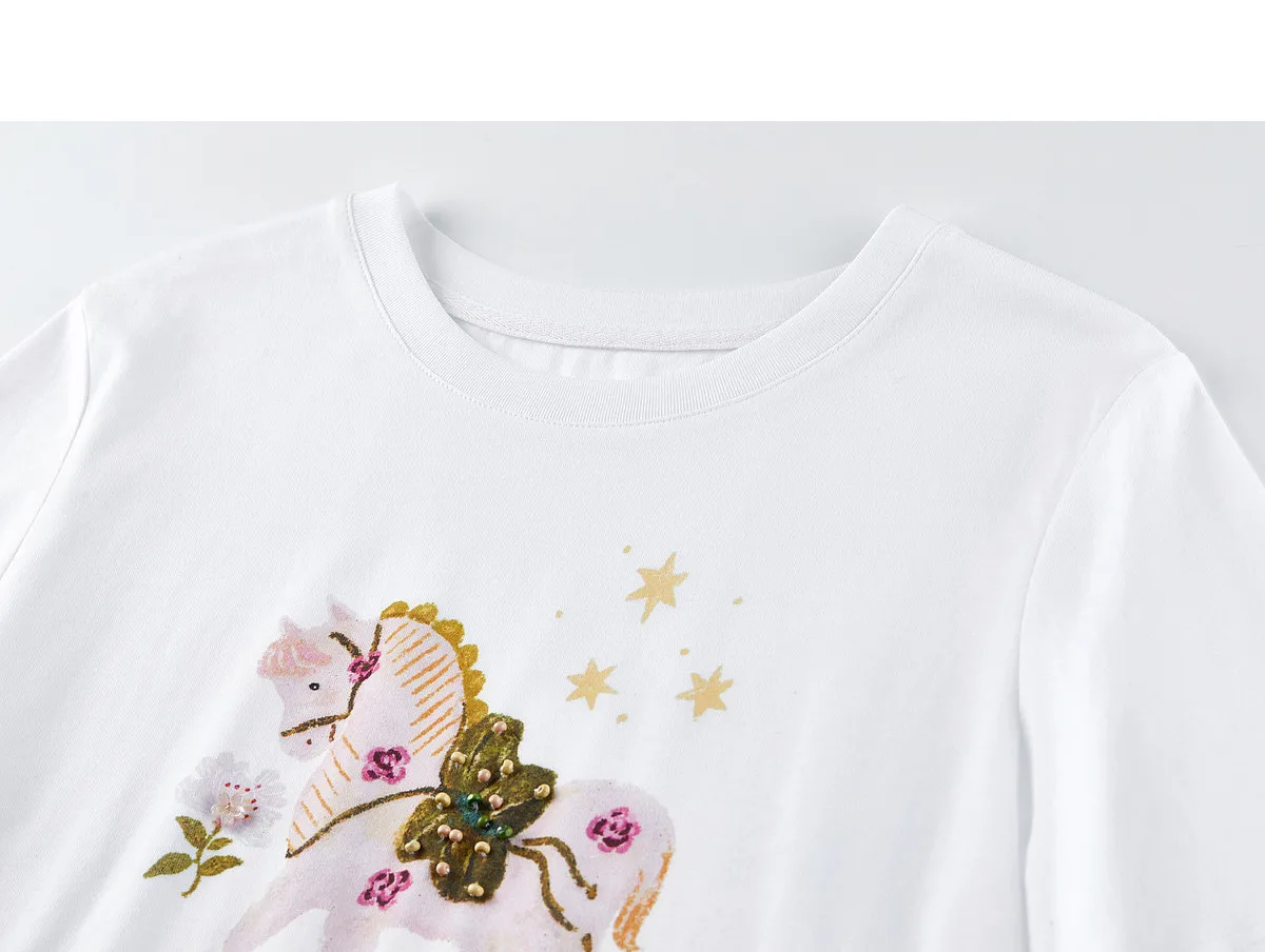 SENTUBILA Damen-T-Shirt mit Pferde-Print, 100 % Baumwolle, Sommer 2026, gerippter Rundhalsausschnitt, handbestickte Details, lässiges Alltags-Oberteil 162TG7259 – Detail 34