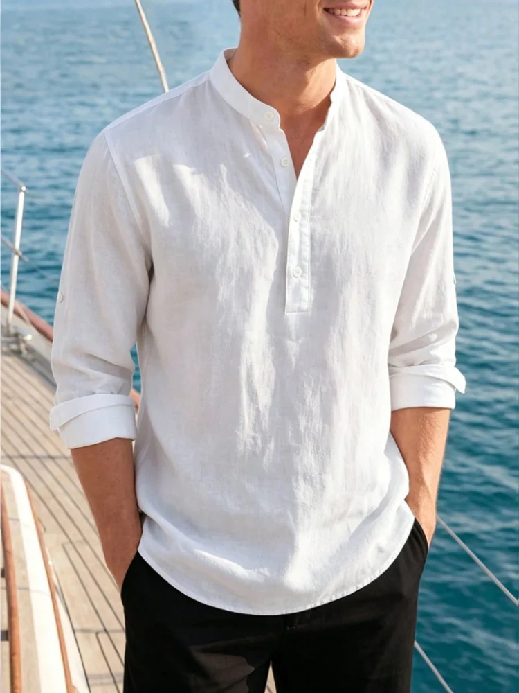 Men's Cotton and Linen T-shirt Shirt - Stylish V-neck Long-sleeved Solid Color Breathable lightweight Classic Casual Top - Suita