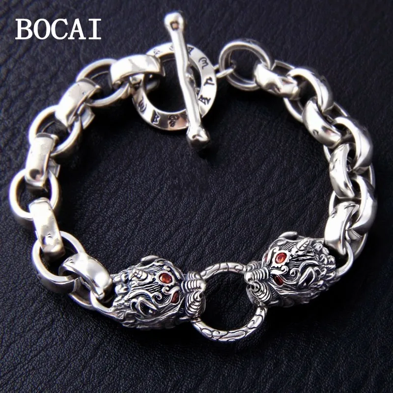 

BOCAI New S925 Silver Retro Fashionable Personalized Domineering Ethnic Style Double Headed Pixiu Bracelet Male Gift