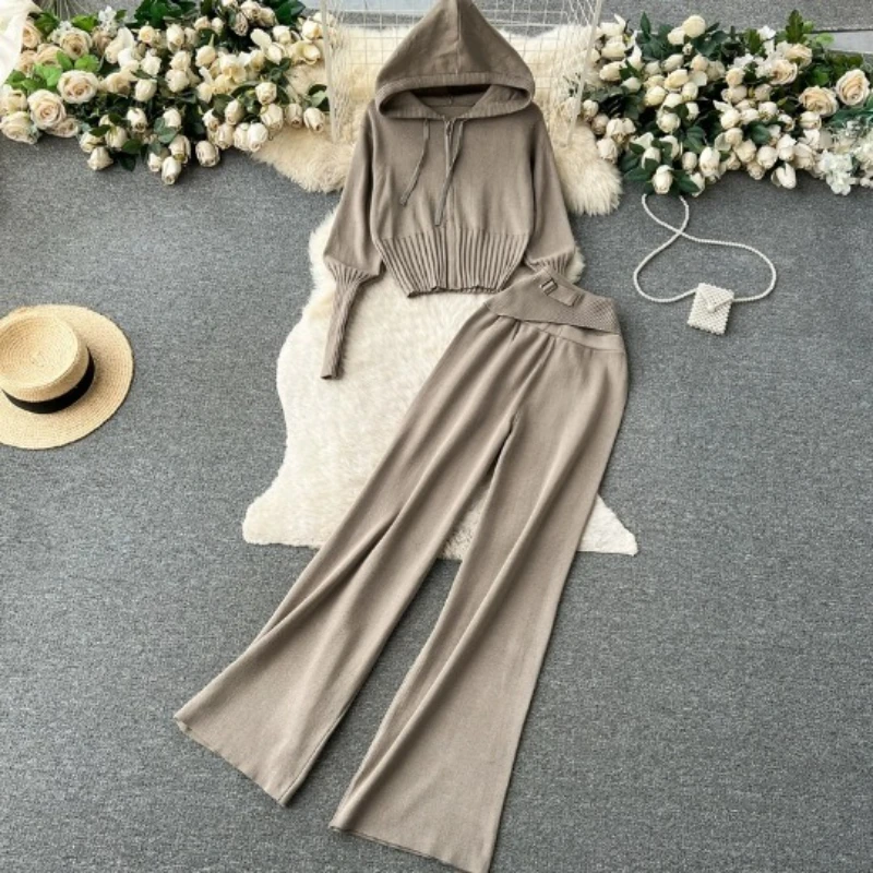 

Fashion Casual Sports Knitted Suits Zipper Hoodie+Elastic Waist Wide Legs Long Pants Winter Two Pieces Sets 2025 Matching Set