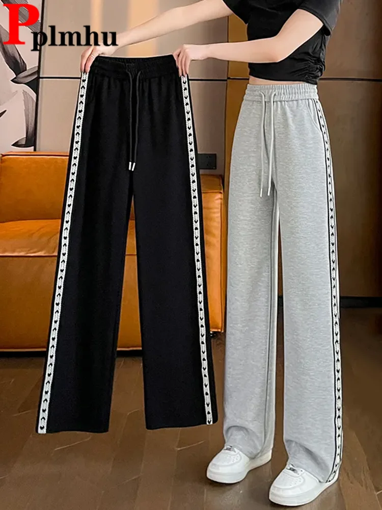 

Women Baggy Casual Wide Leg Pants Korean Elastic High Waist Loose Straight Pantalones Spring Fall Side Stripe Lace Up Calca New