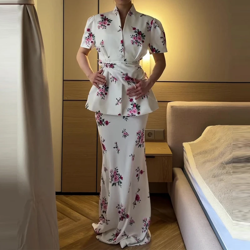 Fashion Commuting Loose Suits Floral Print Temperament Banquet Outfit Spring Summer V Neck Lace Up Top+Skirt Women 2 Piece Set