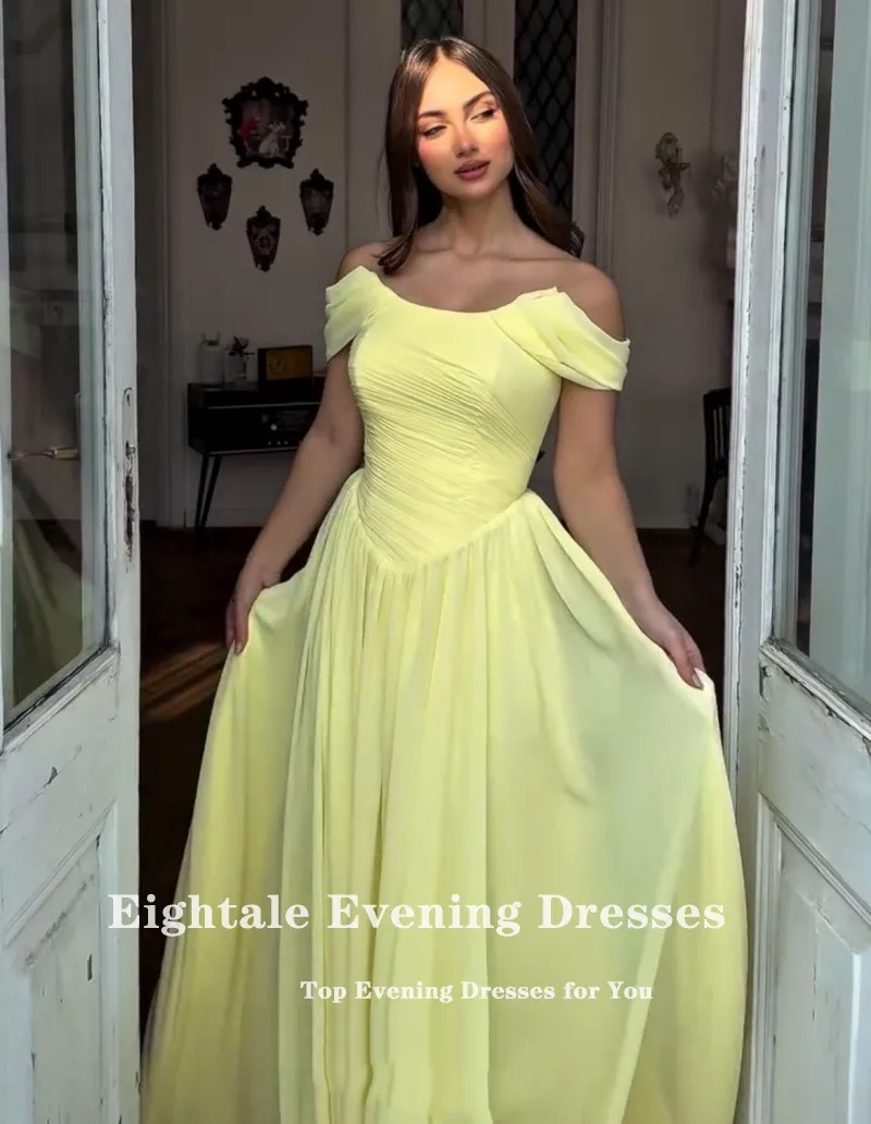 فستان سهرة عربي Eightale بطيات مغرفة مخصصة على شكل حرف A أصفر بطول الأرض بدون أكتاف مثير لحفلات الزفاف وحفلات الزفاف