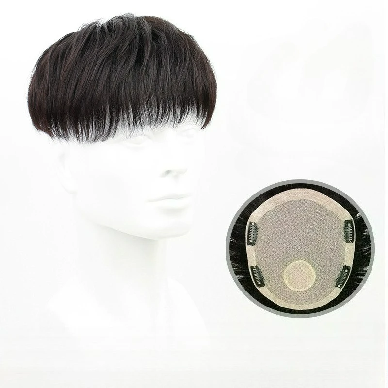 Internal Network 16x18/18x20cm Human Hair Men Toupee Natural Black Hair Piece Head Top Repair Block Forehead Hair Extensions