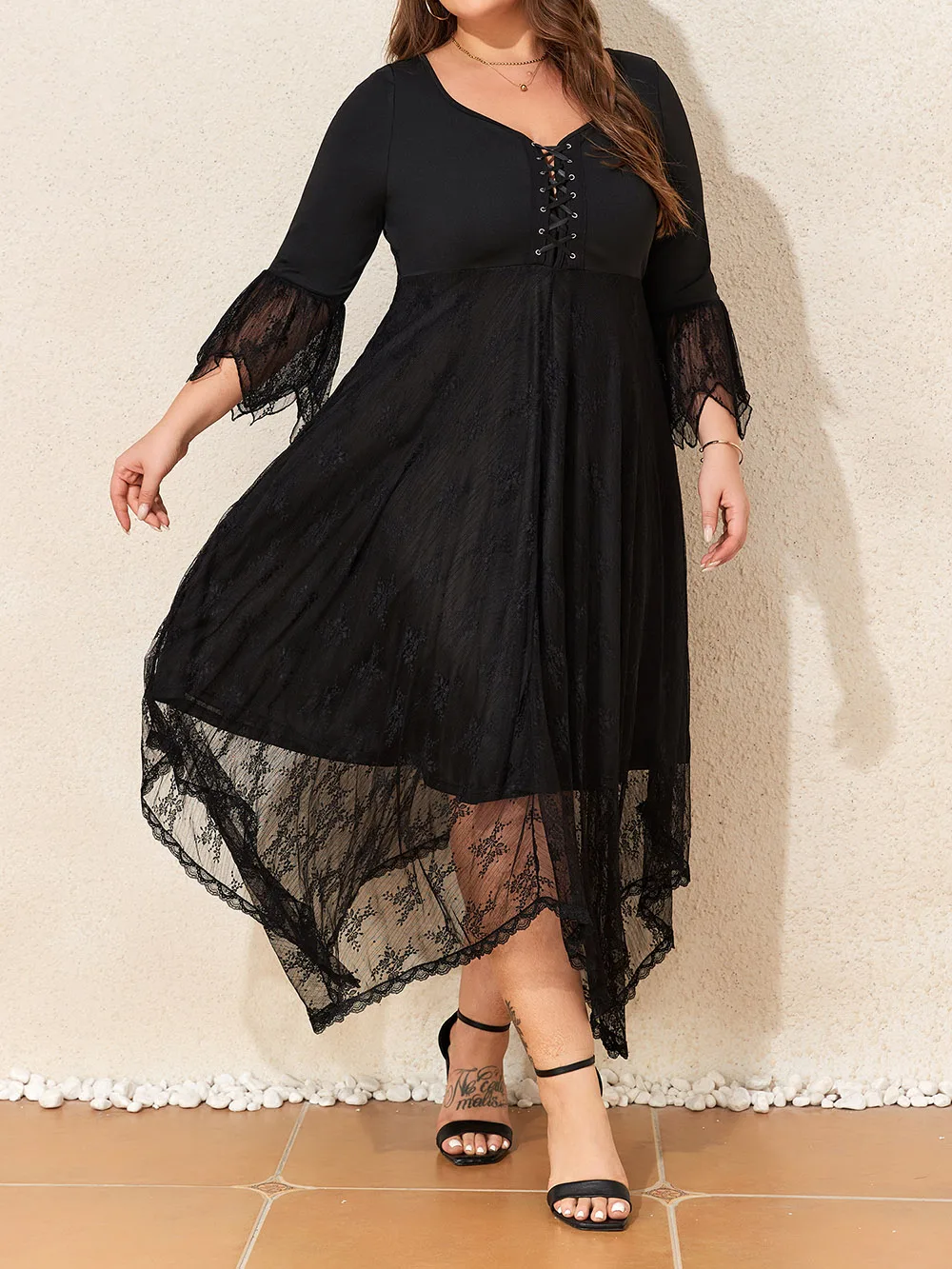 Plus Size Black Women's Dress 2024 Autumn Large Size Gothic Lace Halloween Dress Korean Fashion Oversized Slim Female Clothing