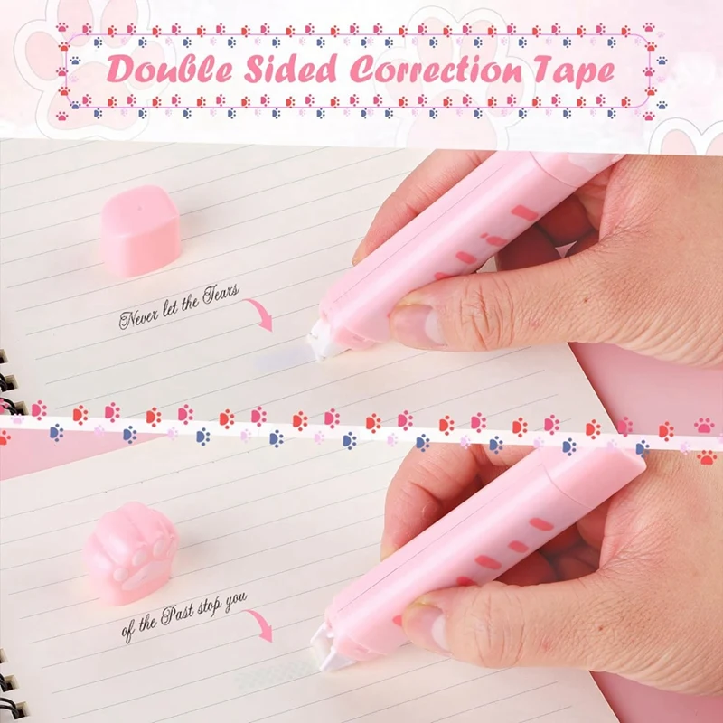 Cute Cat Paw Stationery Set, 6 Pcs Kawaii Cat Stationary Kit Pencil Sharpener Retractable Eraser Correction Tape Ruler Pink