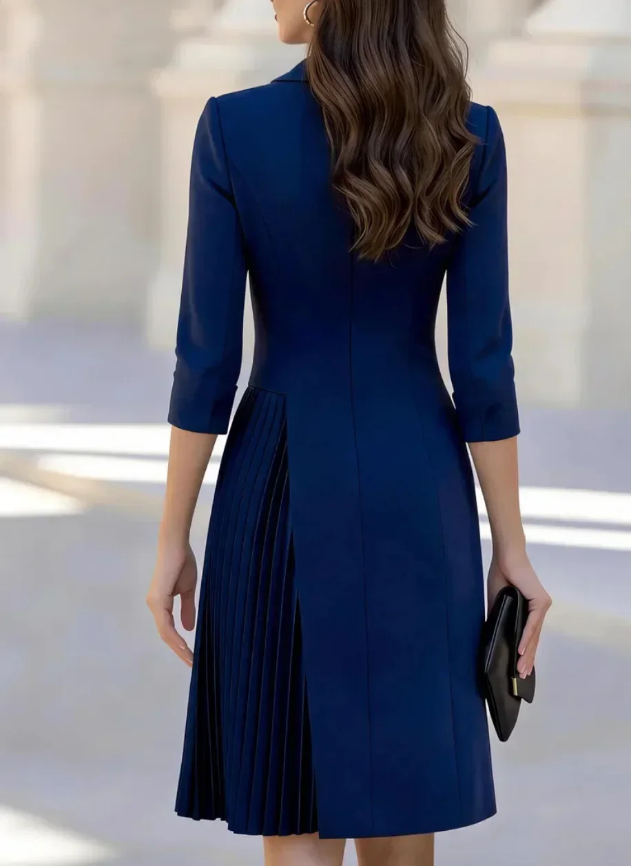 Bürodamen-Blazer-Midikleid mit gekerbtem Revers, doppelreihigen Knöpfen, 3/4-Ärmeln, plissiertem Swing-Schnitt, für Business- und Party-Anlässe. – Detail 10