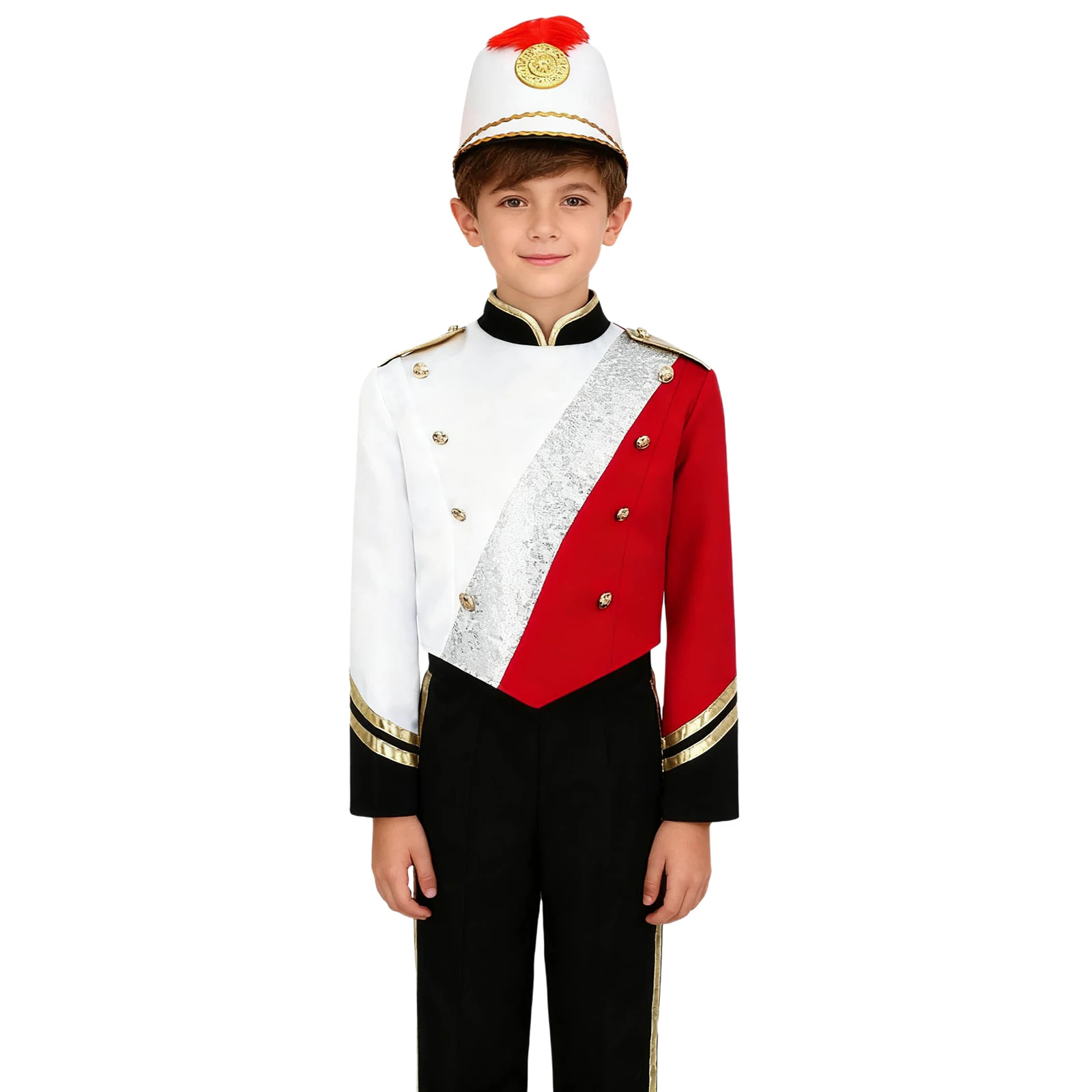 

Marching Band Uniform Long Sleeve Shoulder Epaulets Royal Jacket Tops with Hat for Honor Guard Cosplay Halloween Wear