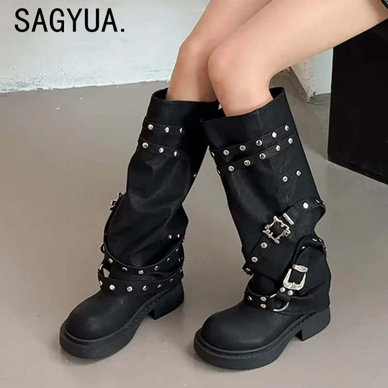 

Women High Boots Designer Platform Chunky Shoes Winter Snow Boots 2024 Trend Autumn New Rock Punk Metal Leather Goth Botas Mujer