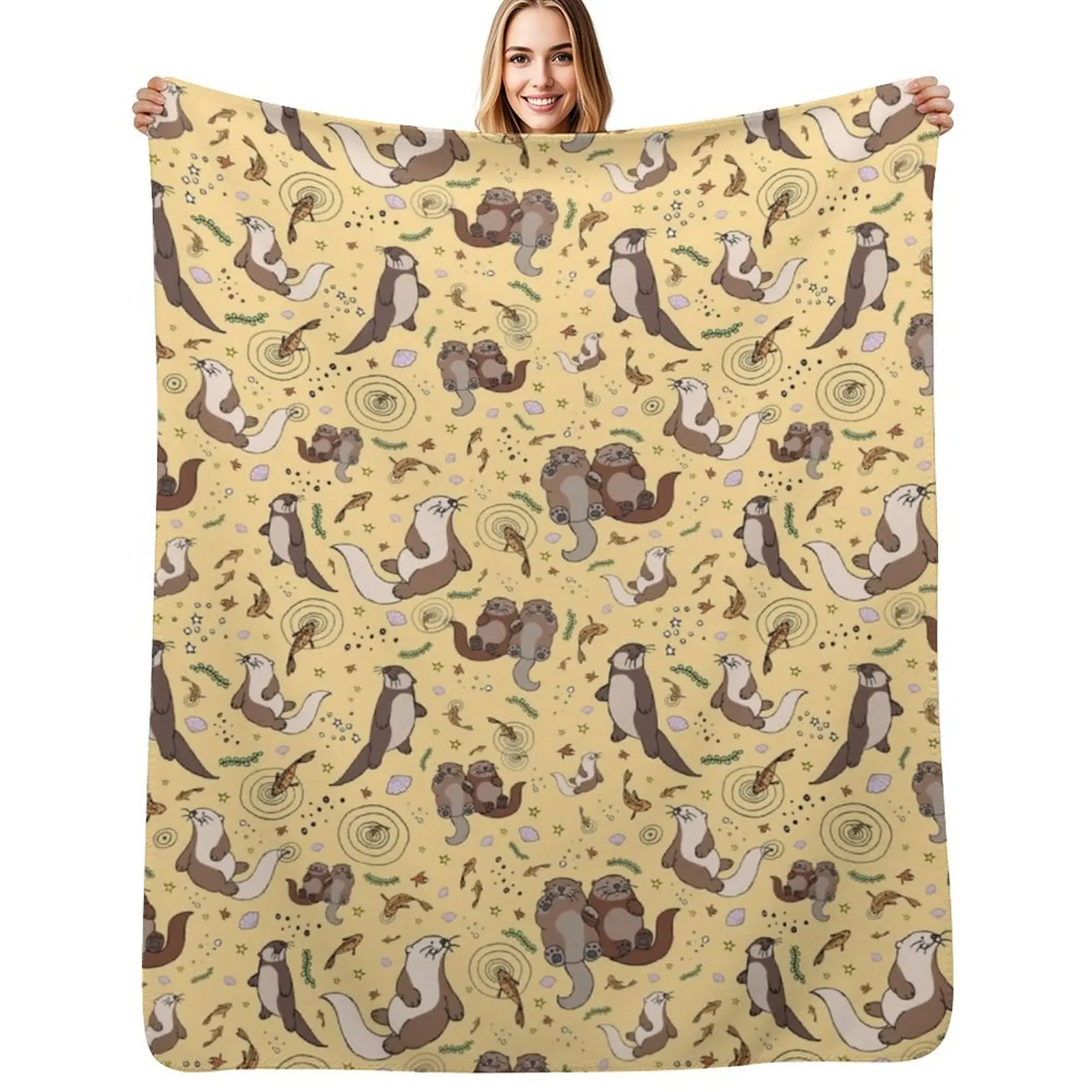Otters in Yellow Throw Blanket Lightweight Cozy Blanket for Bed Sofa