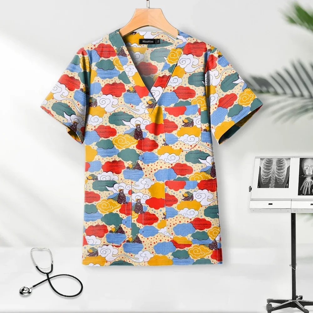 Medical Scrubs Fashion V-neck Short Sleeved Top Medical Uniform Dental Nurse Veterinary Working Clothes Beauty Spa Uniform Women