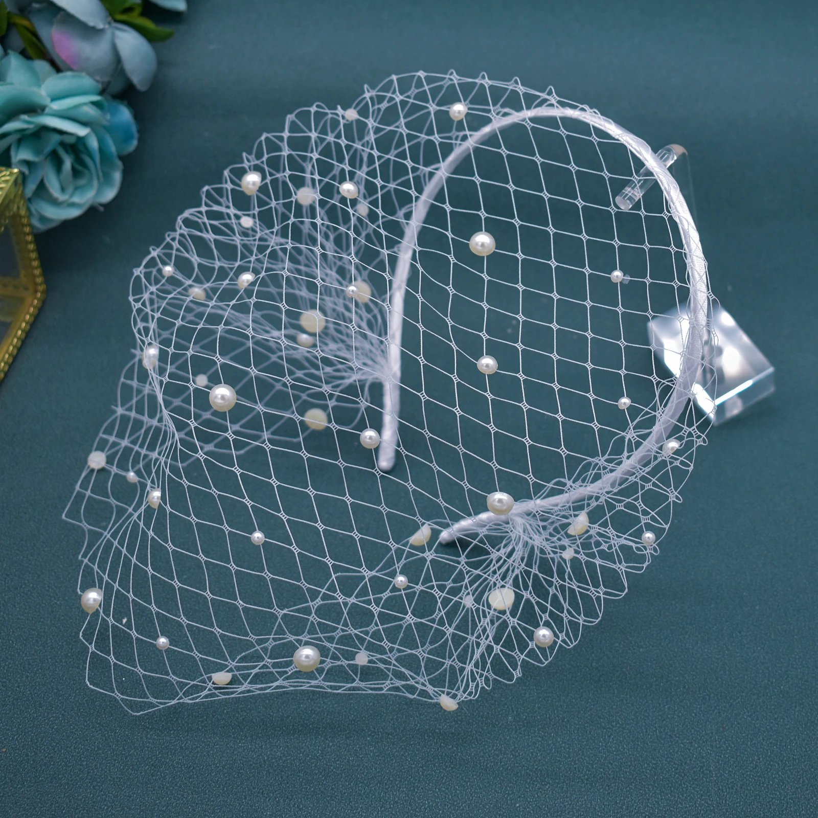 JM23สีขาว Wedding Birdcage Veils Flapper Fascinator ตาข่าย Veil Party Fascinator Veil สำหรับไข่มุกผู้หญิง Bandeau Veil สำหรับเจ้าสาว