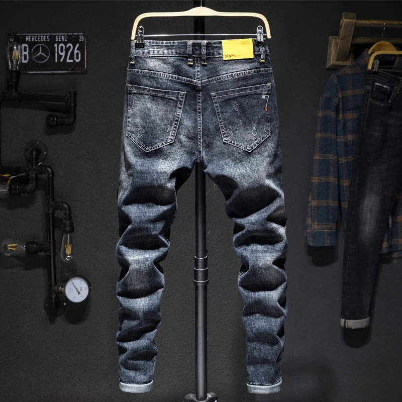 Fashion Ripped Men's Slim Jeans Streetwear Trendy Korean Beggar Holes Pants Autumn Stretch Personality Casual Denim Trousers