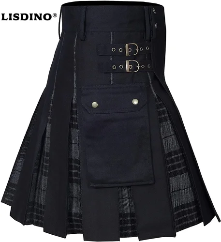 Imagen 1 del producto LisdinoKilts para hombres, Kilt de utilidad, Kilt híbrido de jeans 100% algodón, Kilt tradicional para hombres de tartán plisado con caja moderna