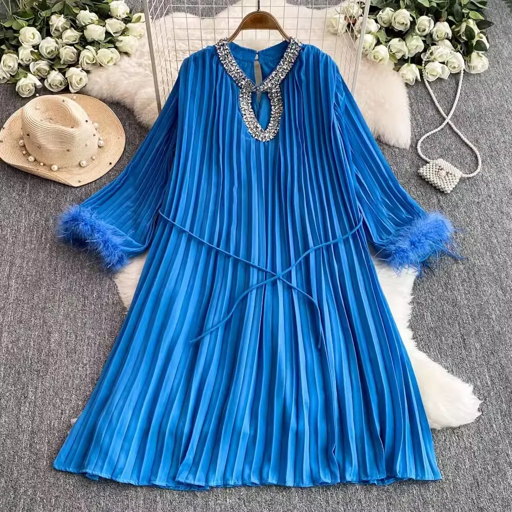 Crystal Luxury Chiffon Dresses Women Summer Holiday Fur Full Sleeve Diamond A Line Loose Big Size Pleated Evening Party Vestidos