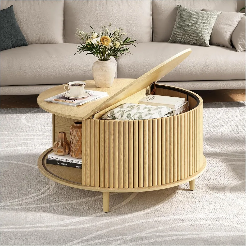 

Round Coffee Table with Storage, Mid Century Modern Center Table with Sliding Cabinet Door, Fluted Dining Table for Living Room,