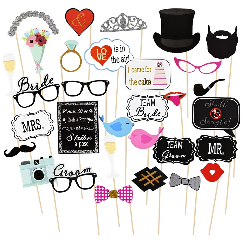 1 Set Hochzeits-Fotorequisiten für Brautparty und Junggesellinnenabschied: Selfie-Requisiten, Hüte, Brillen, Lippen, Schnurrbärte, Lustige Papier-Foto-Requisiten
