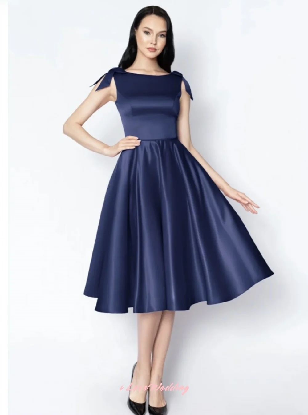 Dunkelblaue Abendkleider 2025, Satin-Schleife, ärmellos, plissiert, knielang, A-Linie, Cocktailkleid, Hochzeitsgast-Kleider, individuell gestaltet