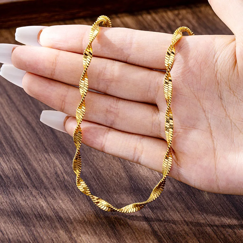 

Cynlo Jewelry Luxury 24K 9999 Pure Gold real gold Women's Double Water Wave Chain Necklace Anklet Set