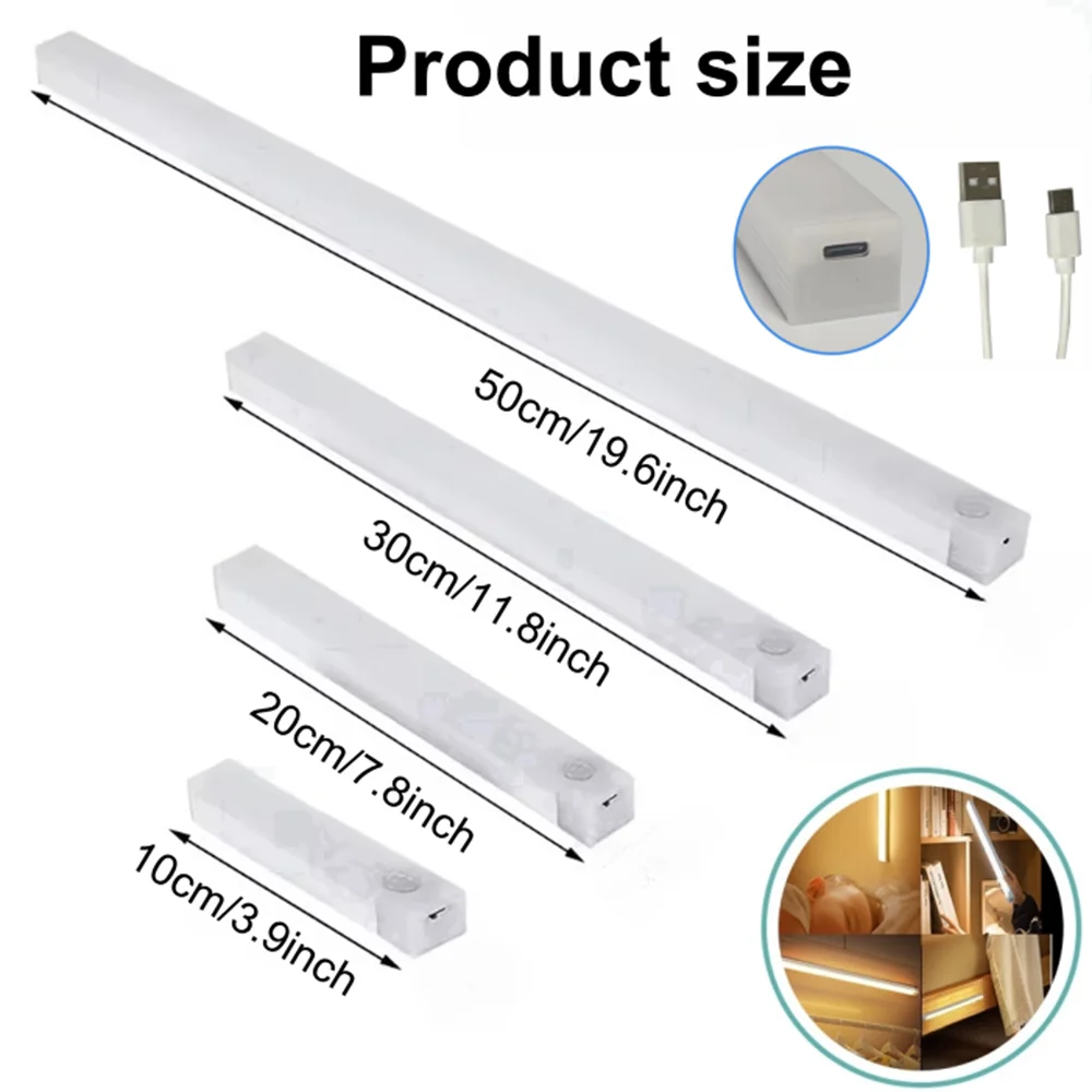 모션 센서 바 라이트 유형 C 충전식 라이트 LED 자기 매력 부엌 침대 옆 옷장 책장에 대한 야간 조명