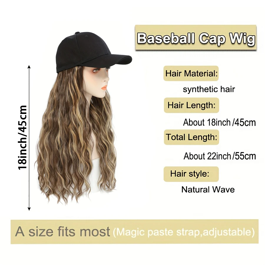 18-дюймовый женский вьющийся парик с бейсбольной кепкой, термостойкий синтетический, коричневые блики, ежедневное использование на открытом воздухе/пляже, все этницы