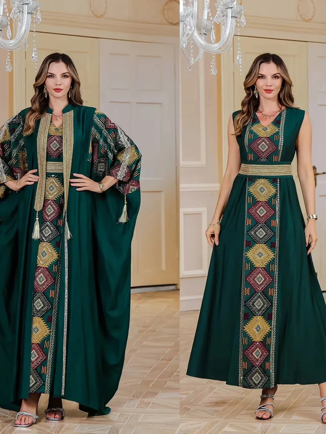 Eid Muslim 2 Piece Set Women Embroidery Dresses Open Abaya Suit Jalabiya Ramadan Dubai Kaftan Party Vestidos Cardigan Robe 2025
