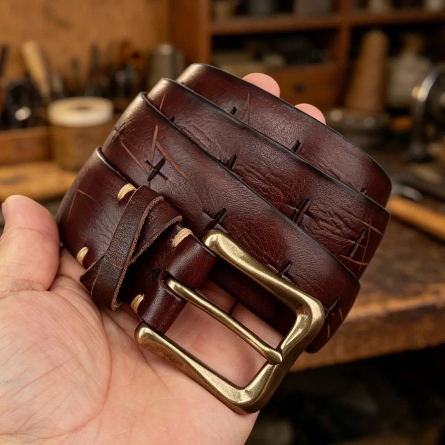3.3cm New Retro Handmade Cowhide Men's Belt,Neutral Pure Genuine Leather Waist Belt, Women's Personality Design Brass Belt