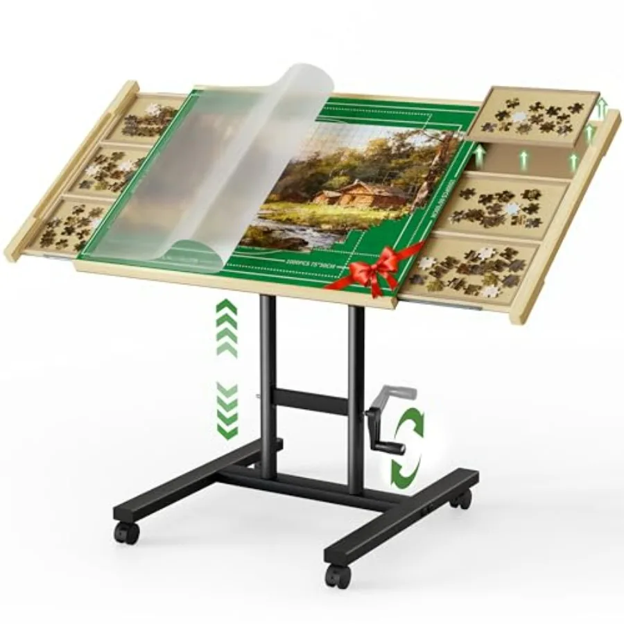 

Puzzle table for adults with drawers, engineered wood, walnut finish, hand-cranked height-adjustable and tilting board with 6 t