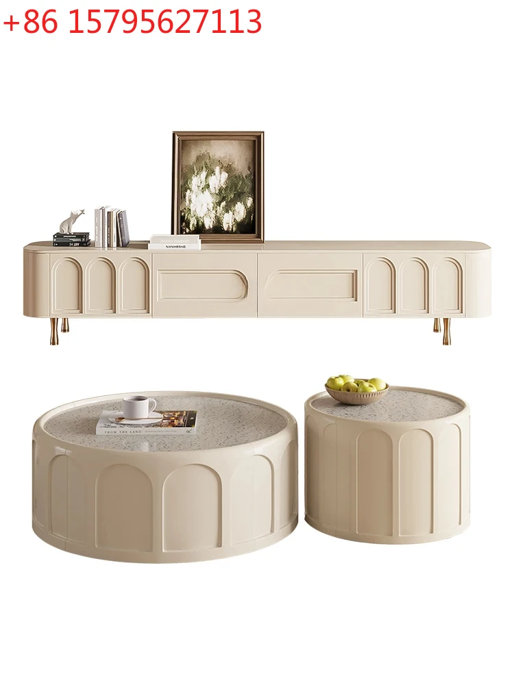 

French Cream Style TV Cabinet Solid Wood Tea Table Combination Simple Living Room Floor Cabinet