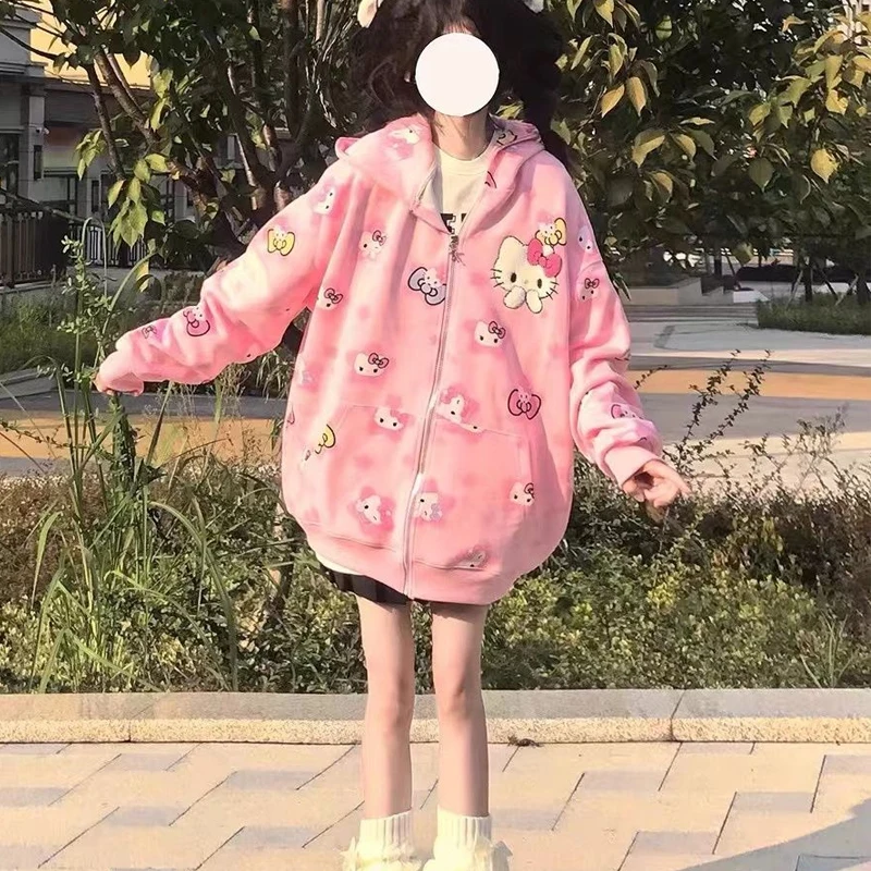 Sanrios Hello Kitty Cute Sweet Girl Hooded Sweater Trend Casual Zipper Cardigan Girls Autumn and Winter Long-Sleeved Jacket