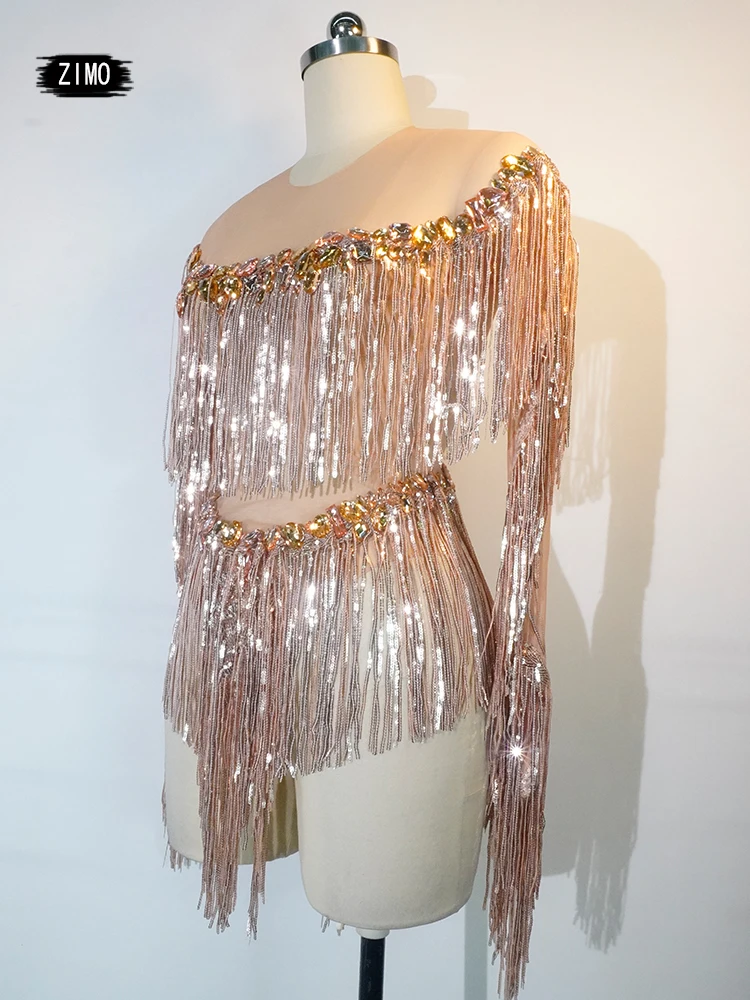 Sparkly Rhinestones Fringes Leotard Sexy Tassel Bodysuit Jazz Dance Costume One-piece Stage Wear Dancer Performance Show Weixiao