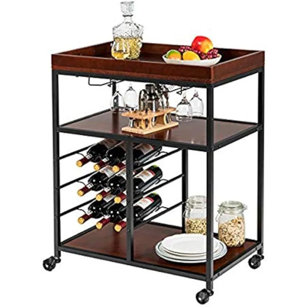

3-Tier Kitchen Island Cart Rolling Trolley Industrial Style Serving Cart Utility Cart Wood Kitchen Stand with Glasses Holder