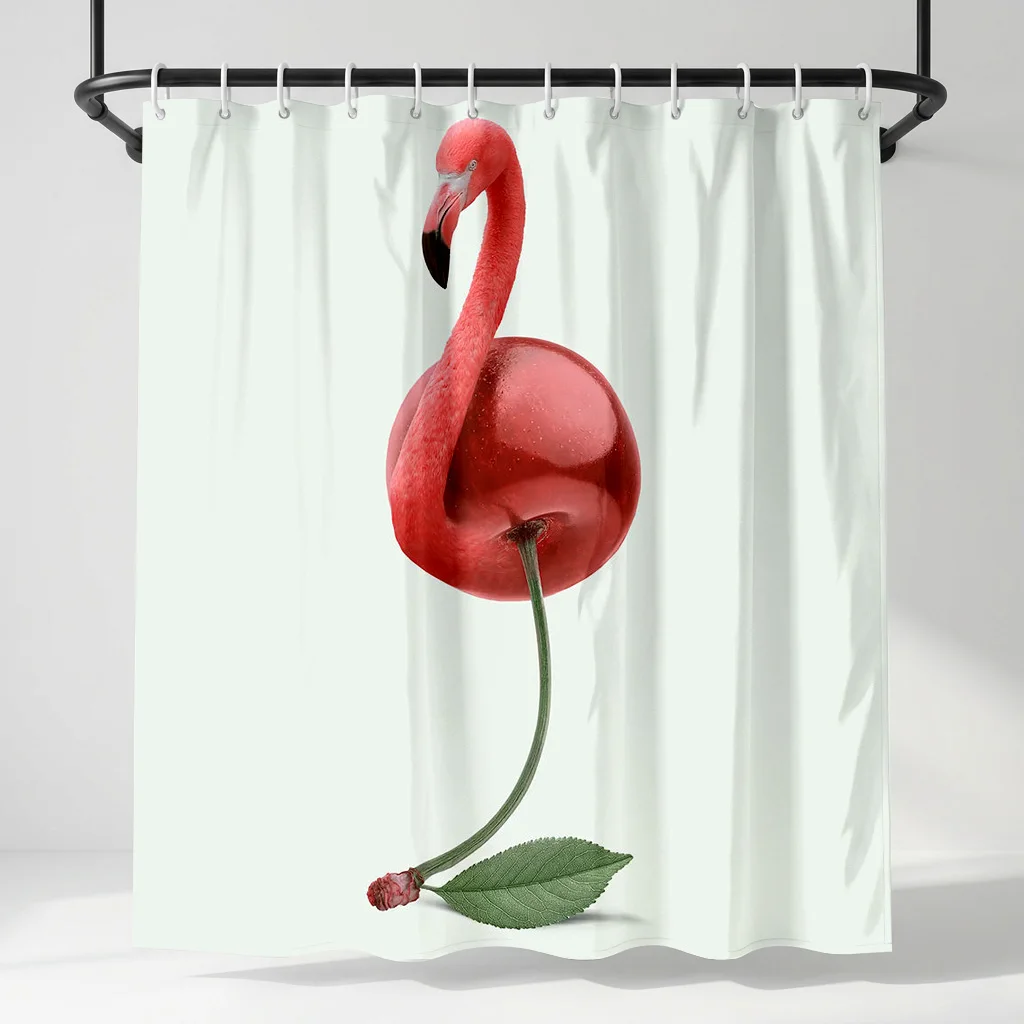 

Сюрреалистичная занавеска для душа с изображением фламинго и вишни, минималистичный креативный дизайн с фруктами и птицами, забавный необычный эстетичный декор для ванной комнаты