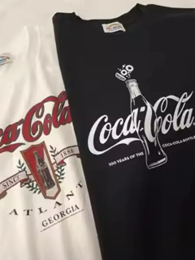 Camiseta de Talla Grande 300 Pou con Estampado Retro Americano de Coca-Cola, Camiseta Informal Versátil de Verano para Parejas