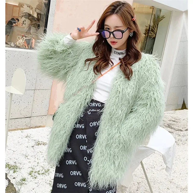 2023 V Neck Fluffy Pink Green Faux Fur Jacket Winter Oversize Long Faux Sheep Fur Coat Women Office Streetwear Fur Cozy Coats