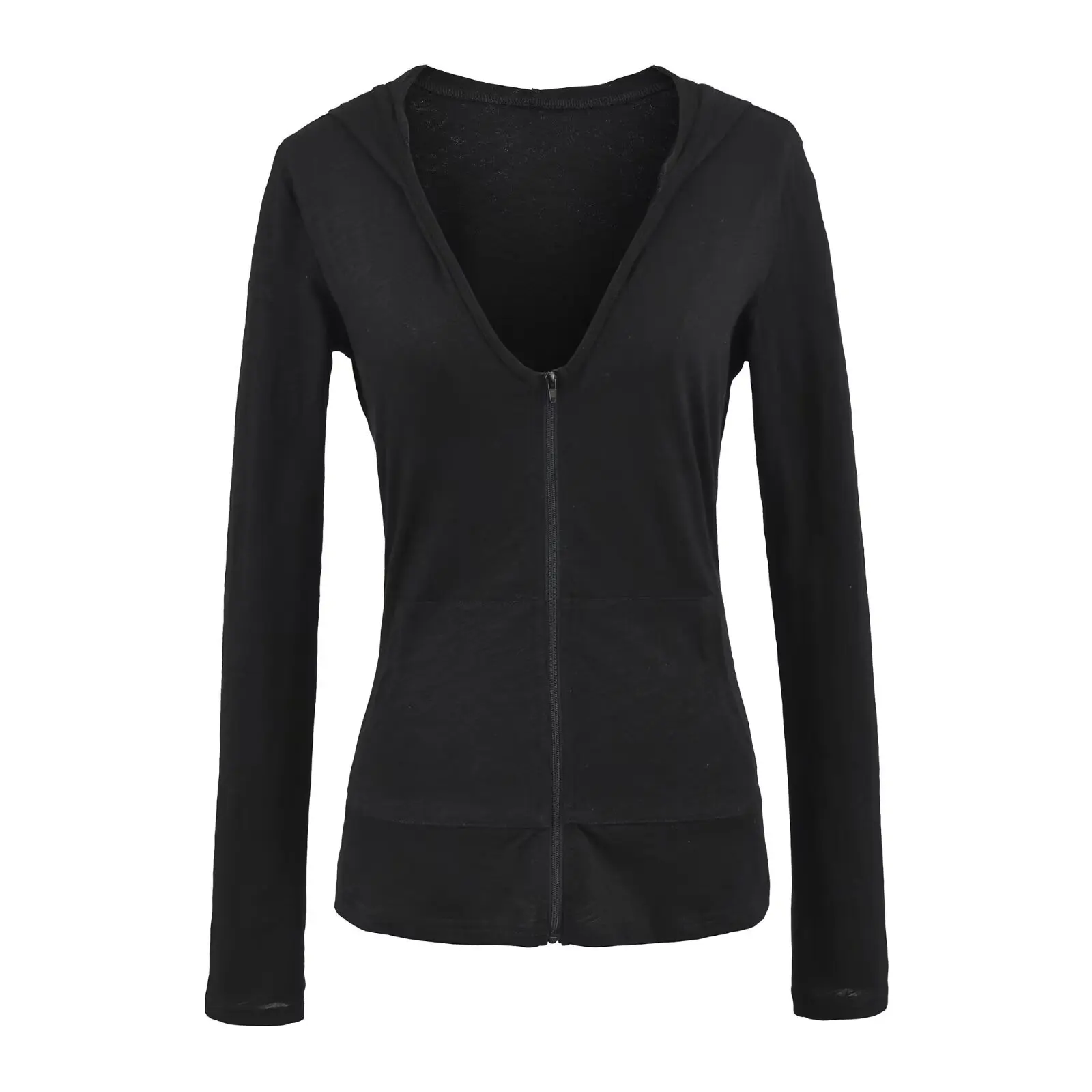 سترة نسائية خفيفة الوزن بغطاء للرأس بقصة ضيقة سترة نسائية أوائل الخريف شفافة برقبة على شكل حرف V وسحاب علوي