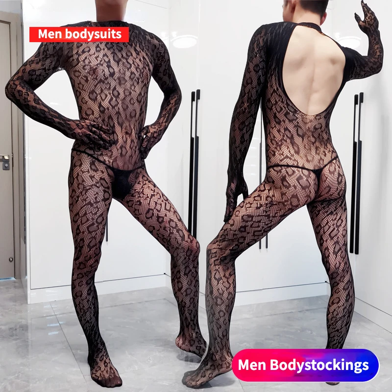 Body de leopardo para hombre, ropa de dormir de una pieza, guantes de manga larga, lencería negra, pijama de rejilla, genial para caballeros