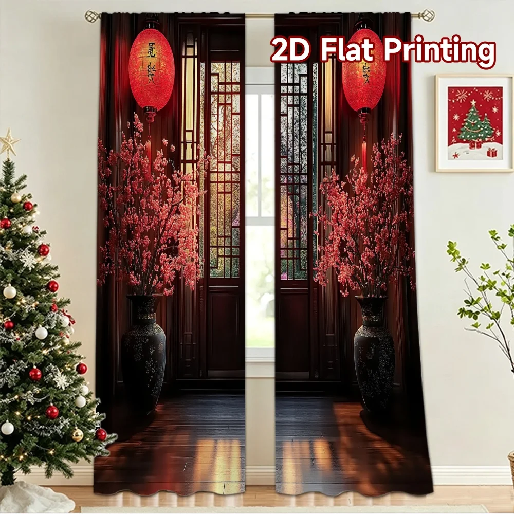 2D flat 2pcs Curtain French Romantic Style Lunar New Year Lanterns Durable polyester fiber Birthday Party for Booths Studio