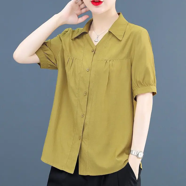 Oversize Solid Color Women\'s Clothing 2023 Summer POLO Collar Casual Tops Women Stand Collar Loose Single Breasted Chiffon Shirt