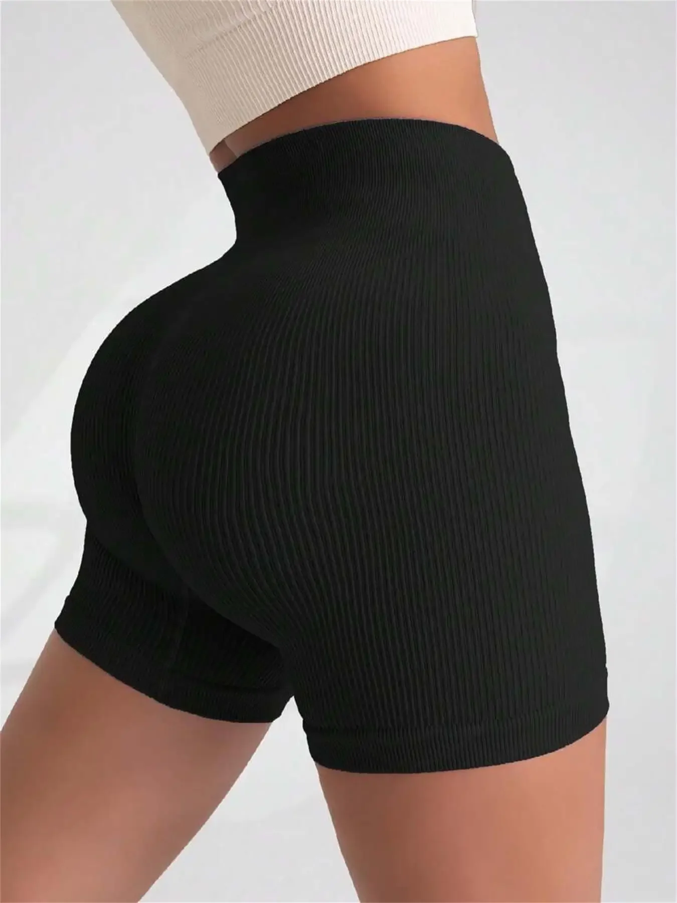 Celana Yoga Pinggang Tinggi Untuk Wanita, Dirancang Untuk Mengangkat Dan Membentuk, Ketat Dengan Warna Solid Dan Tekstur Bergaris, Celana Pendek Olahraga