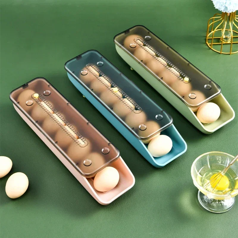 Automatic Slide Eggs Storage Box Transparent Drawer Space Saver Rolling Plastic Fridge Egg Holder Basket Organizer for Kitchen