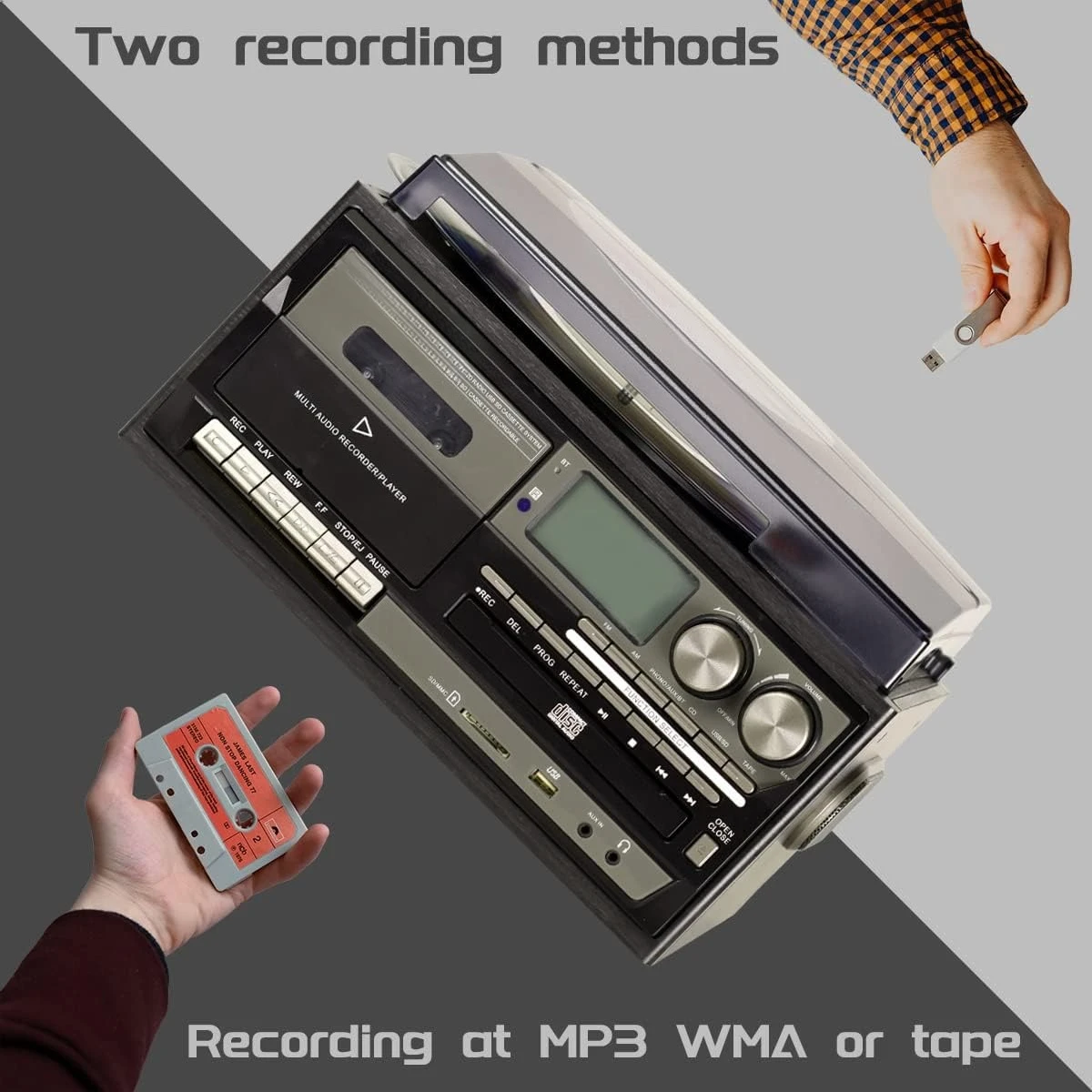 

Виниловый проигрыватель с 3 скоростями, Bluetooth, CD-плеером, кассетным плеером, AM/FM-радио, USB-рекордером, Aux-входом, RCA-выходом, черный