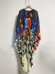 Miyake Pleated Women's Maxi Dress Round Neck Irregular Bat Sleeves Loose Fit Floor Vestido 2024 Summer New