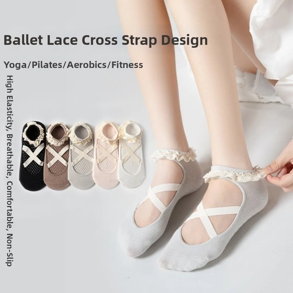New Non Slip Yoga Socks Lace Trim Cross Strap Pilates Socks Elastic Breathable Grip Socks Yoga Practice