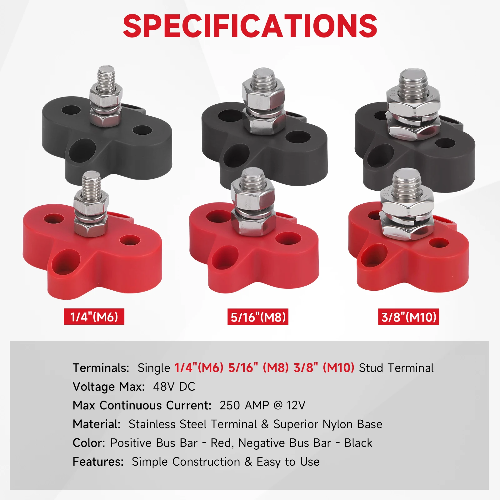 CNSPEED 12V 150A Red Black Single Stud Terminal Screws x2 M6 M8 M10 Bus Bar For Auto Boat Marine Solar System Positive DC Copper