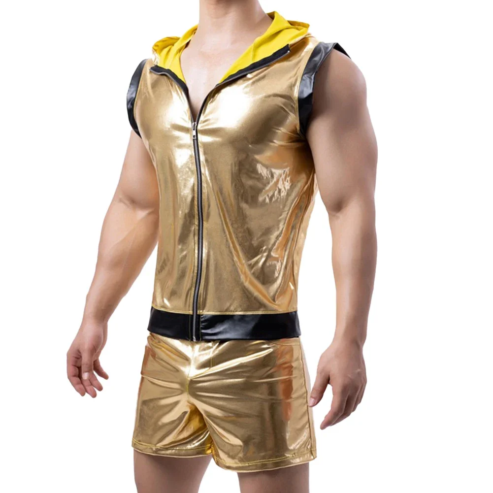 Mens Gold Shiny Tight Leather Tank Tops Boxer Briefs Shorts Clubwear Set Suit Nightclub Stage Party Jackets Costume Streetwear