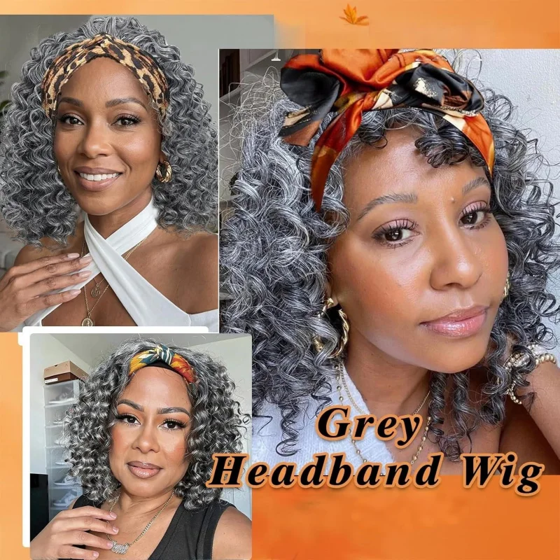 12 Inch Grey Headband Wig, Short Curly Deep Wave Synthetic Wig for Black Women, Half Glueless with Attached Headband